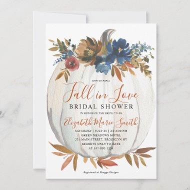 Fall in Love Blue Floral Pumpkin Bridal Shower Invitations