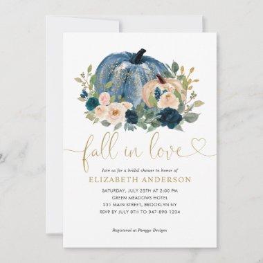 Fall in Love Blue Floral Pumpkin Bridal Shower Invitations