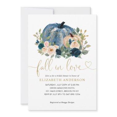 Fall in Love Blue Floral Pumpkin Bridal Shower Invitations