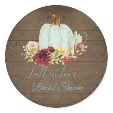 Fall in Love Blue Pumpkin Burgundy Floral Bridal Classic Round Sticker