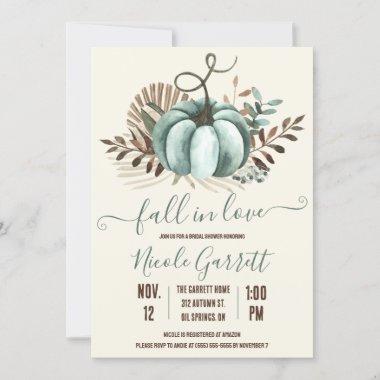 Fall in Love, Blue Pumpkin, Floral Bridal Shower Invitations