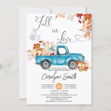 Fall In Love Blue Truck Pumpkin Bridal Shower Invitations