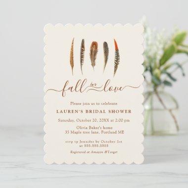 'Fall in Love' Boho feathers Bridal shower Invitations