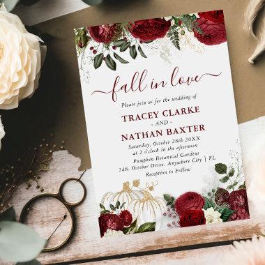 'Fall In Love' Botanical Floral Pumpkin Wedding Invitations