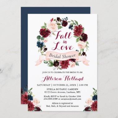 Fall in Love Bridal Shower Burgundy Floral Wreath Invitations
