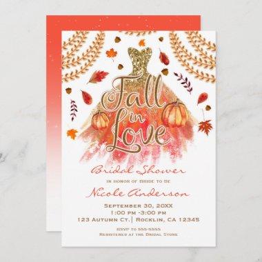 Fall in Love Bridal Shower Dress & Autumn Leaves Invitations