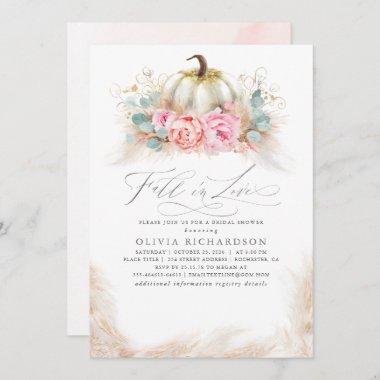 Fall in Love Bridal Shower Pink Flowers Pumpkin Invitations