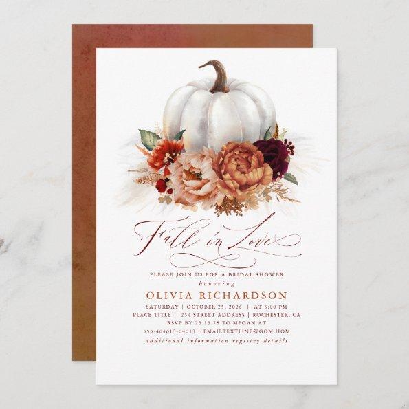 Fall in Love Bridal Shower Rust Flowers Pumpkin In Invitations