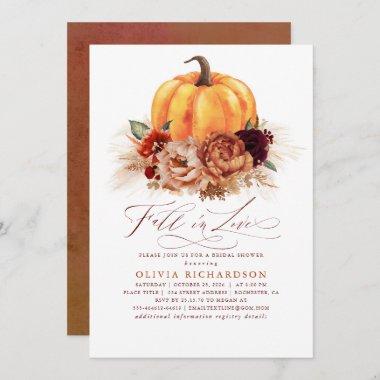 Fall in Love Bridal Shower Rust Flowers Pumpkin Invitations