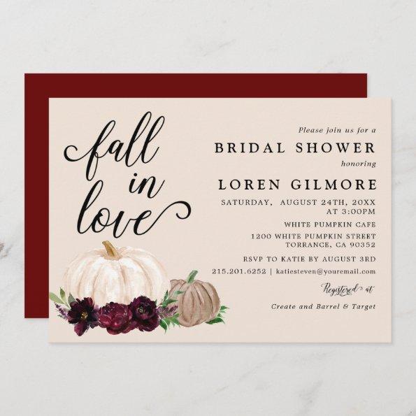 Fall In Love Burgundy Boho Pumpkin Bridal Shower Invitations