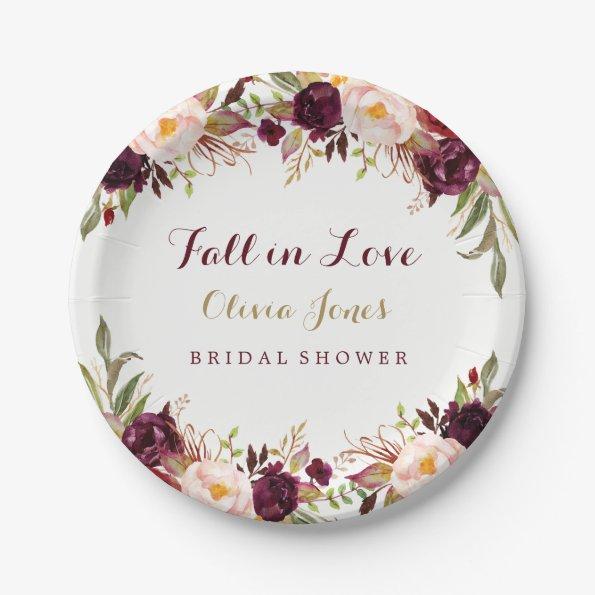 Fall in Love Burgundy Floral Bridal Shower Plate