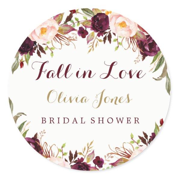 Fall in Love Burgundy Floral Bridal Shower Sticker