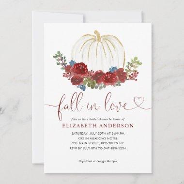 Fall in Love Burgundy Floral Pumpkin Bridal Shower Invitations