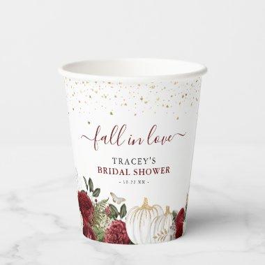 Fall In Love Burgundy Floral Pumpkin Bridal Shower Paper Cups