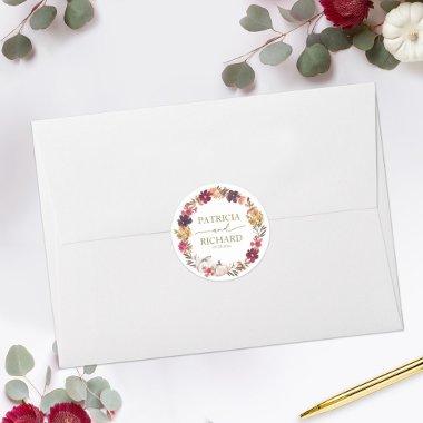 Fall in Love Burgundy Floral Wedding Classic Round Sticker
