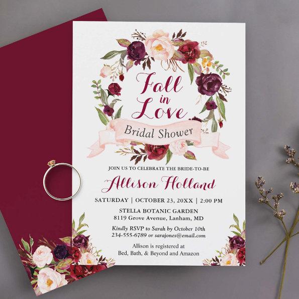Fall in Love Burgundy Floral Wreath Bridal Shower Invitations