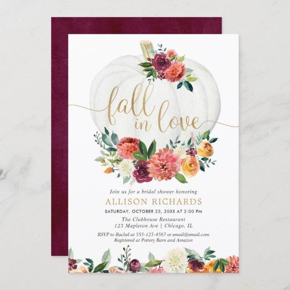 Fall in love burgundy gold floral white pumpkins Invitations