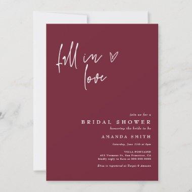 Fall In Love Burgundy Minimalist Bridal Shower Invitations