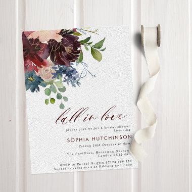 Fall in Love Burgundy & Navy Floral Bridal Shower Invitations