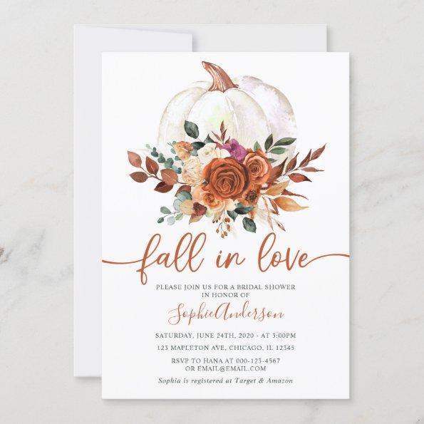 Fall in Love Burnt Orange Floral Bridal Shower Invitations