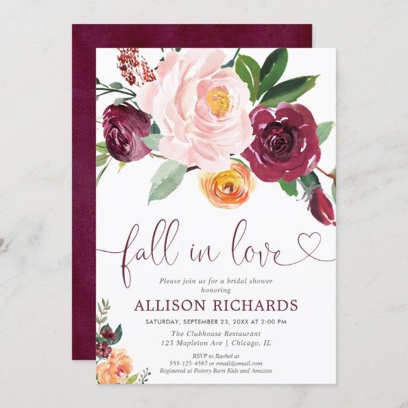 Fall in love fall floral burgundy bridal shower Invitations