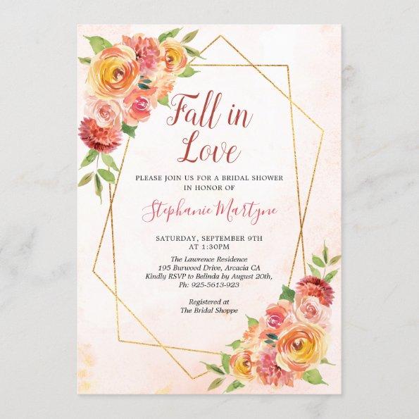 Fall In Love Fall Floral Geometric Bridal Shower Invitations