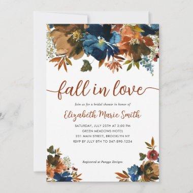Fall in Love Floral Navy Blue Brown Bridal Shower Invitations