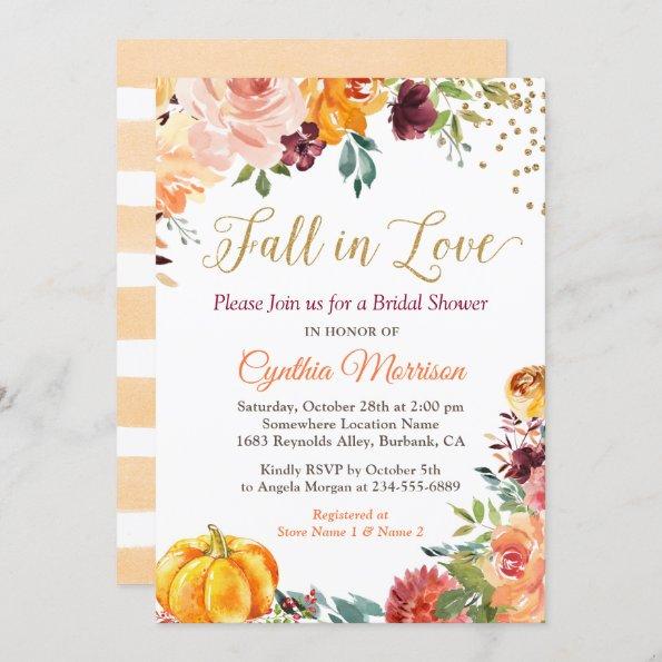 Fall in Love Floral Pumpkin Autumn Bridal Shower Invitations