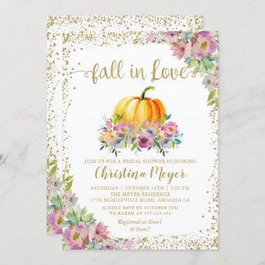 Fall in Love Floral Pumpkin Glitter Bridal Shower Invitations