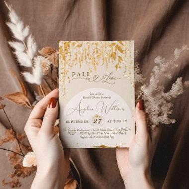 Fall in Love Gold Leaves Bridal Shower Invitations
