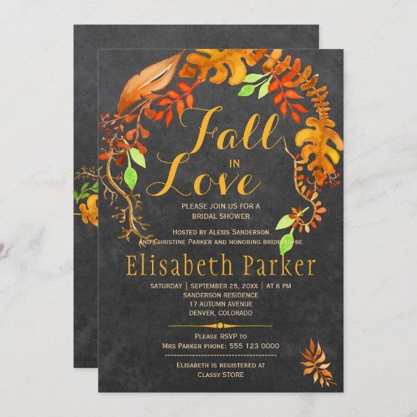 Fall in love gold leaves chalkboard bridal shower Invitations