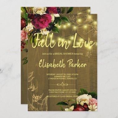 Fall in love golden lights floral bridal shower Invitations