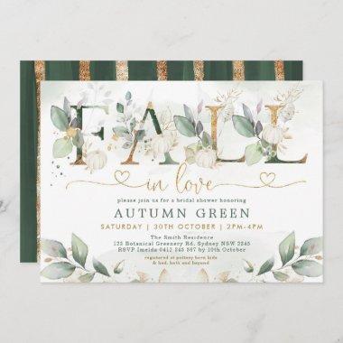 Fall in Love Greenery Gold Pumpkin Bridal Shower Invitations