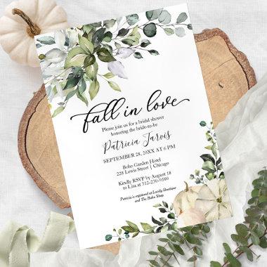 Fall In Love Greenery Pumpkin Bridal Shower Invitations