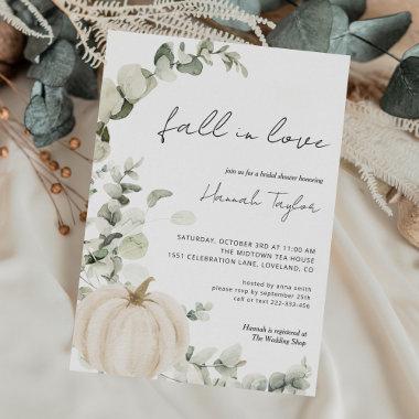 Fall In Love Greenery Pumpkin Fall Bridal Shower Invitations