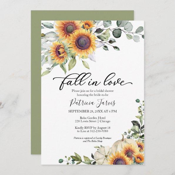 Fall In Love Greenery Sunflowers Bridal Shower Invitations