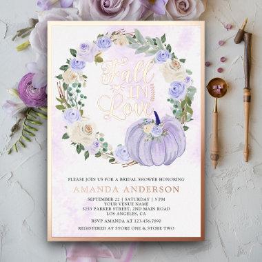 Fall in Love Lavender Roses Pumpkin Bridal Shower Foil Invitations