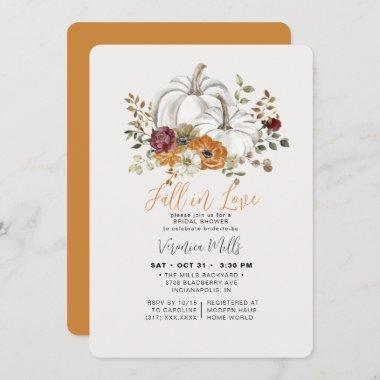Fall in Love Orange Autumn Pumpkin Bridal Shower Invitations