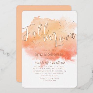 Fall In Love Orange Minimalist Bridal Shower Foil Invitations
