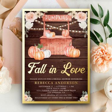 Fall in Love Peach Pumpkin Barn Wood Bridal Shower Foil Invitations