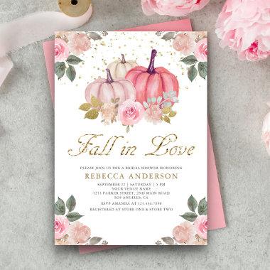 Fall in Love Pink Pumpkin Floral Bridal Shower Invitations