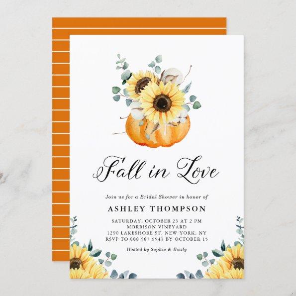 Fall In Love Pumpkin and Sunflower Bridal Shower Invitations