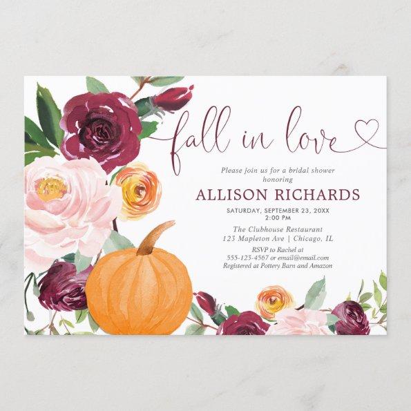 Fall in love pumpkin floral burgundy bridal shower Invitations