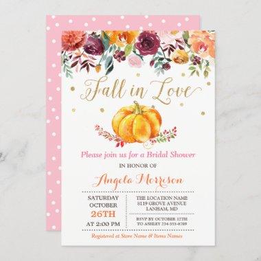 Fall in Love Pumpkin Gold Pink Bridal Shower Invitations