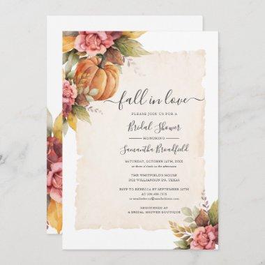 Fall in Love Pumpkin Pink Floral Bridal Shower Invitations