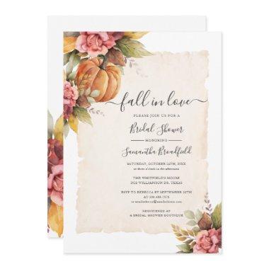 Fall in Love Pumpkin Pink Floral Bridal Shower Invitations