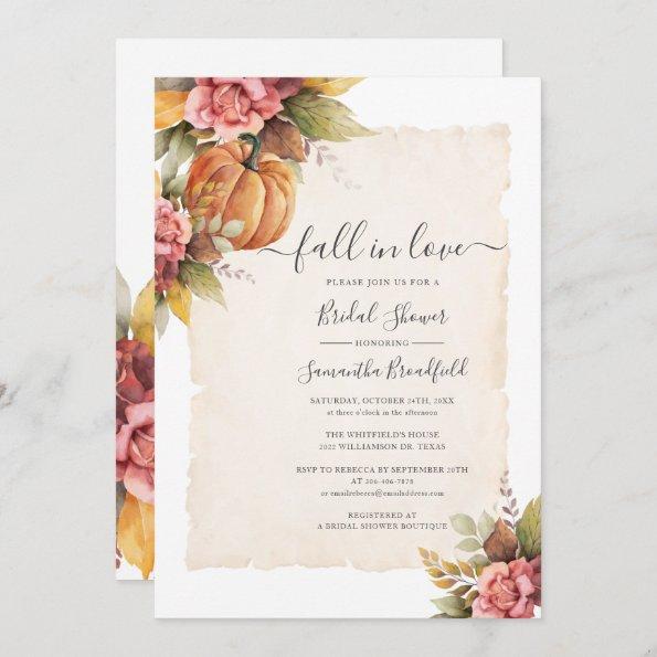 Fall in Love Pumpkin Pink Floral Bridal Shower Invitations