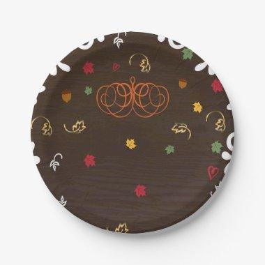 Fall in Love Pumpkins Leaves & Wood Baby Shower Paper Plates