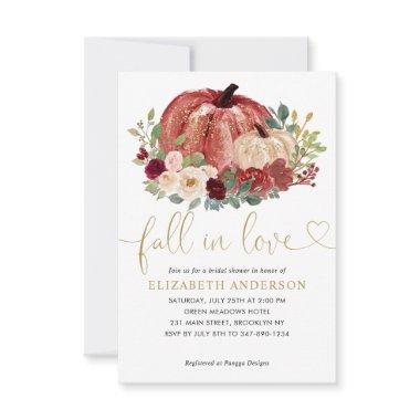 Fall in Love Red Pink Floral Pumpkin Bridal Shower Note Invitations