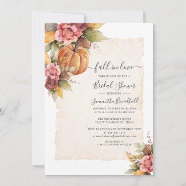 Fall in Love Rust Flowers Pumpkin Bridal Shower Invitations